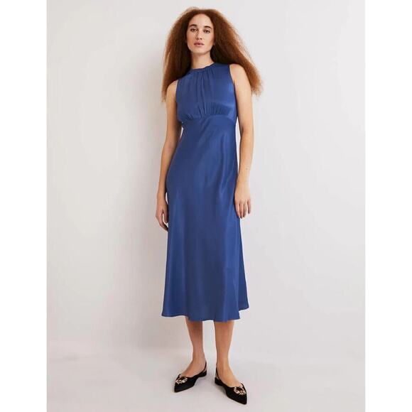 NWT Boden Bias Cut Midi Dress Size 6 Sea Blue Satin Sleeveless - Picture 2 of 16